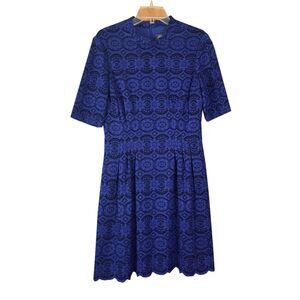 Vince Camuto Fit & Flare Dress Size 12 Blue Lace Mock Neck Scalloped Hem Pockets